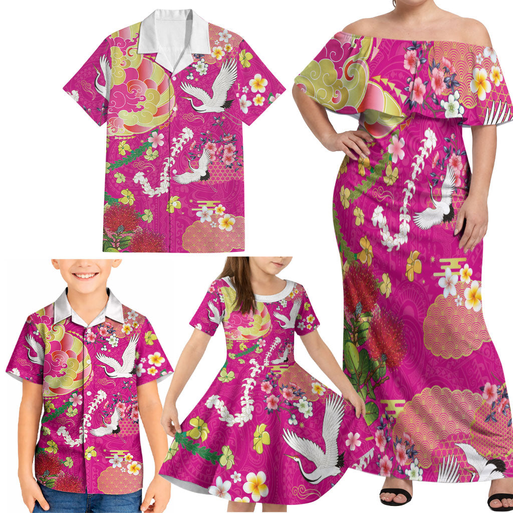 Hawaiian and Japanese Culture Together Family Matching Off Shoulder Maxi Dress and Hawaiian Shirt Kakau Tribal Pattern and Irezumi Art Pink Color