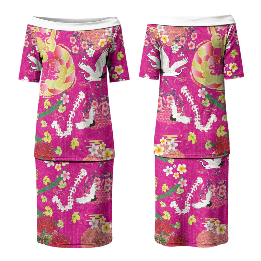 Hawaiian and Japanese Culture Together Family Matching Puletasi and Hawaiian Shirt Kakau Tribal Pattern and Irezumi Art Pink Color