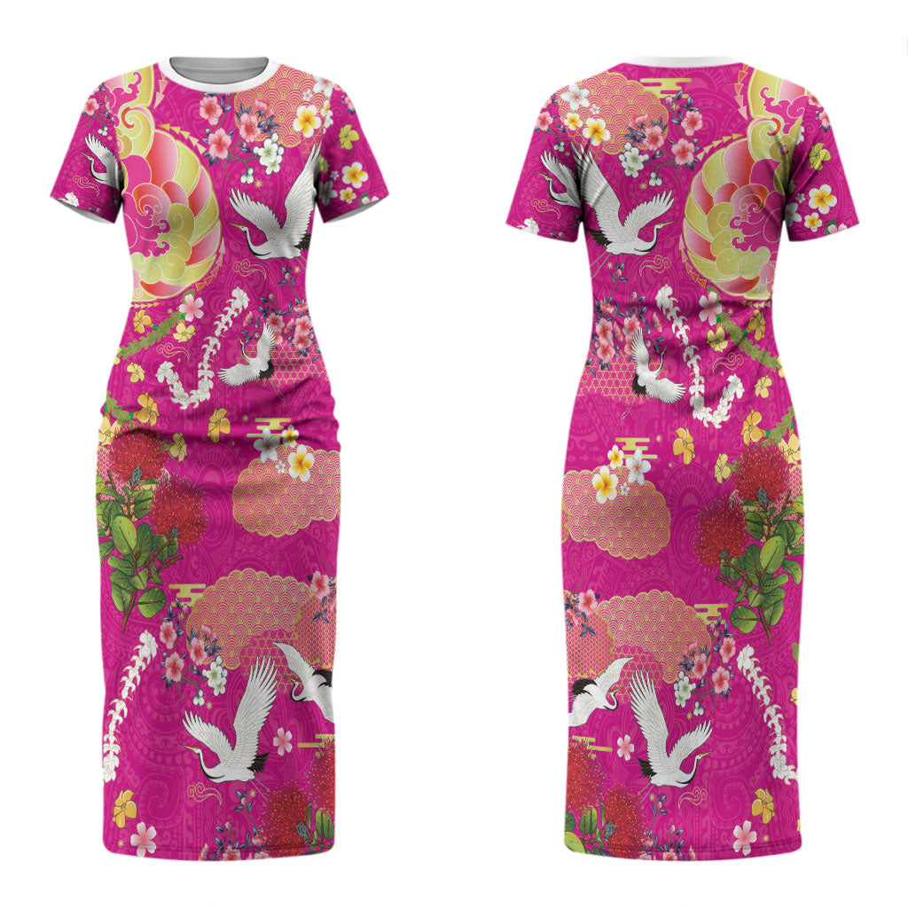 Hawaiian and Japanese Culture Together Family Matching Short Sleeve Bodycon Dress and Hawaiian Shirt Kakau Tribal Pattern and Irezumi Art Pink Color