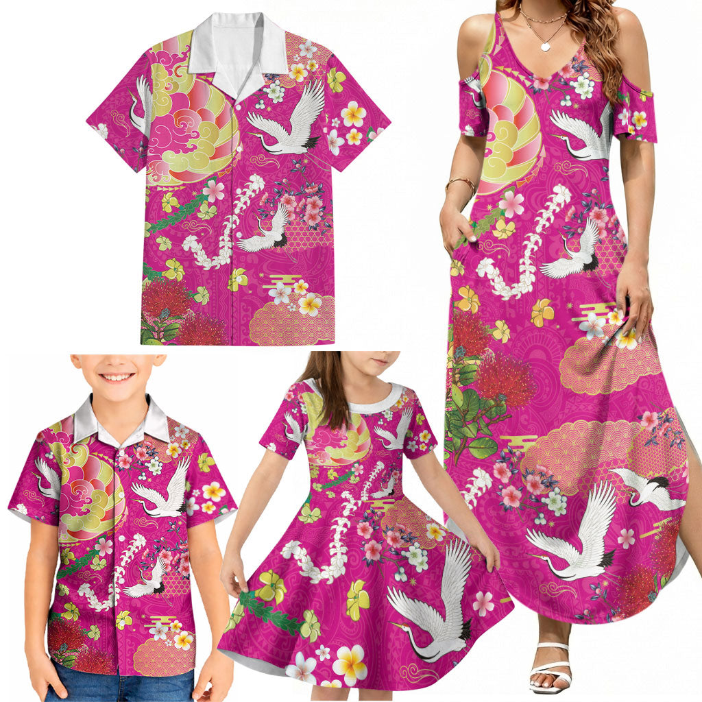 Hawaiian and Japanese Culture Together Family Matching Summer Maxi Dress and Hawaiian Shirt Kakau Tribal Pattern and Irezumi Art Pink Color