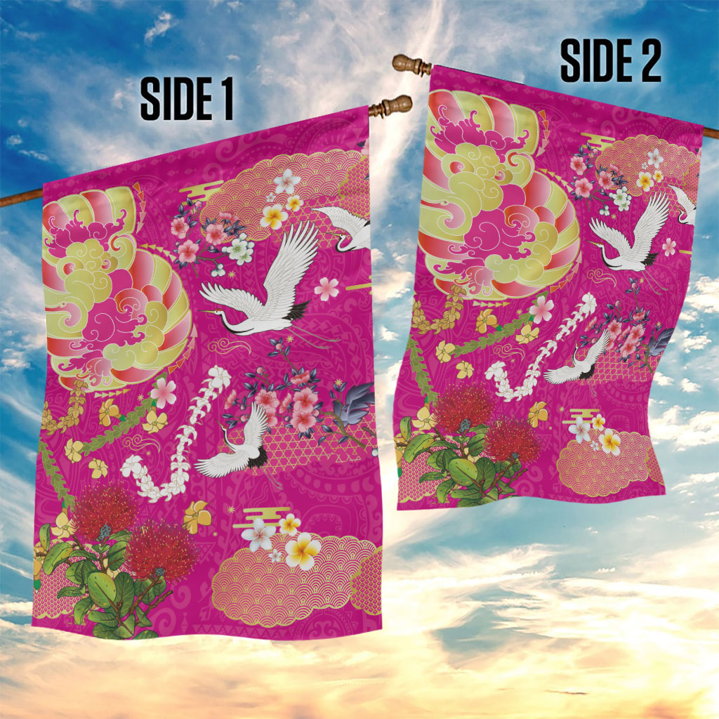 Hawaiian and Japanese Culture Together Garden Flag Kakau Tribal Pattern and Irezumi Art Pink Color