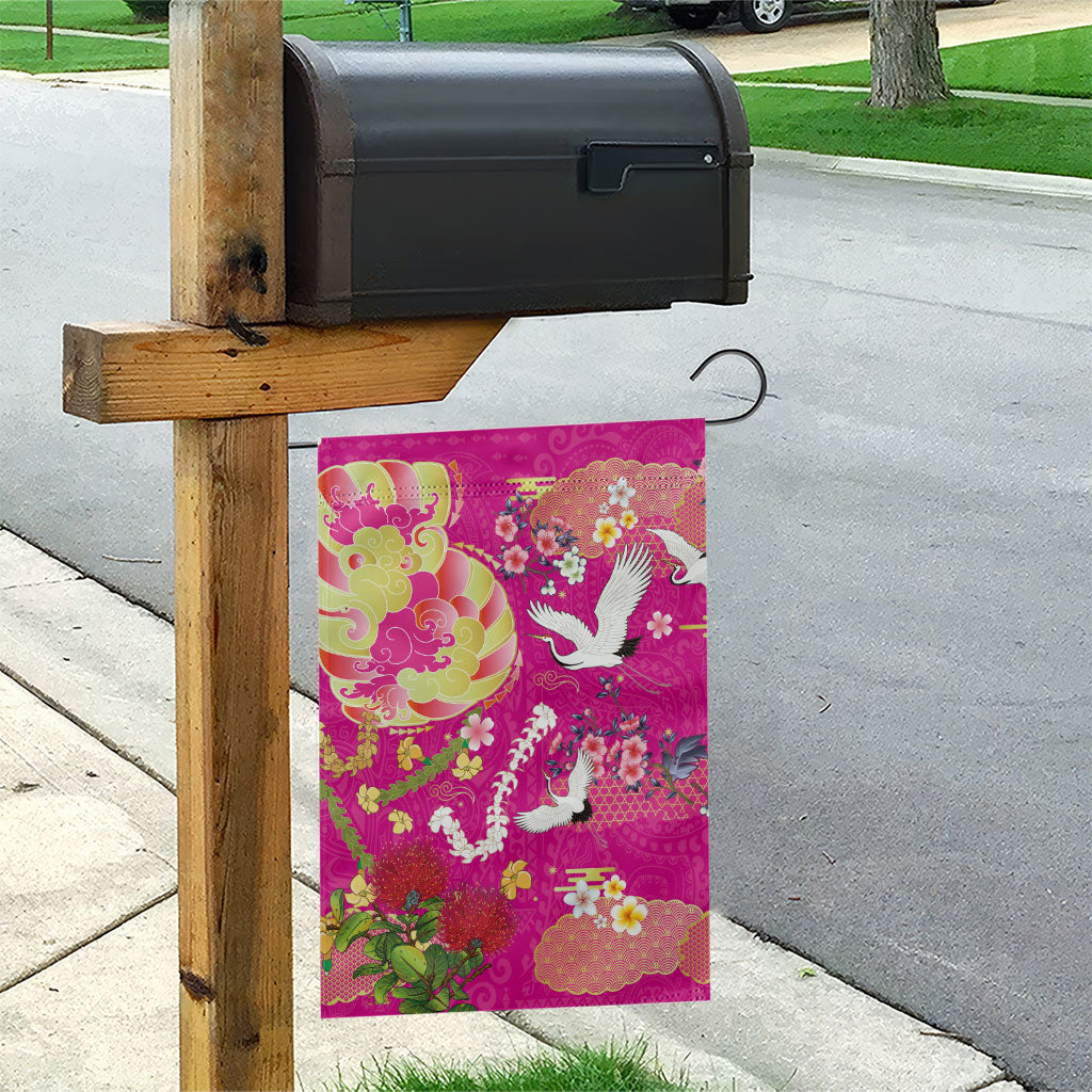 Hawaiian and Japanese Culture Together Garden Flag Kakau Tribal Pattern and Irezumi Art Pink Color