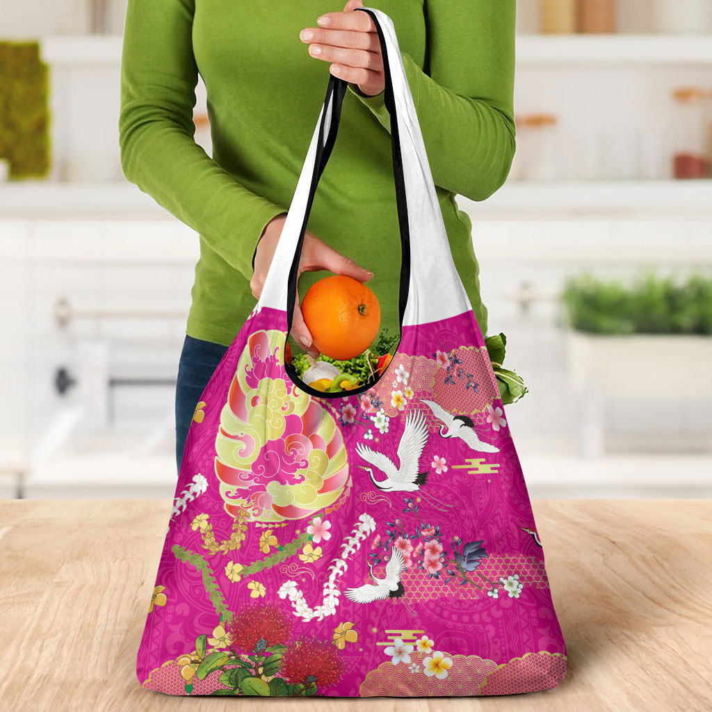 Hawaiian and Japanese Culture Together Grocery Bag Kakau Tribal Pattern and Irezumi Art Pink Color