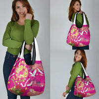 Hawaiian and Japanese Culture Together Grocery Bag Kakau Tribal Pattern and Irezumi Art Pink Color