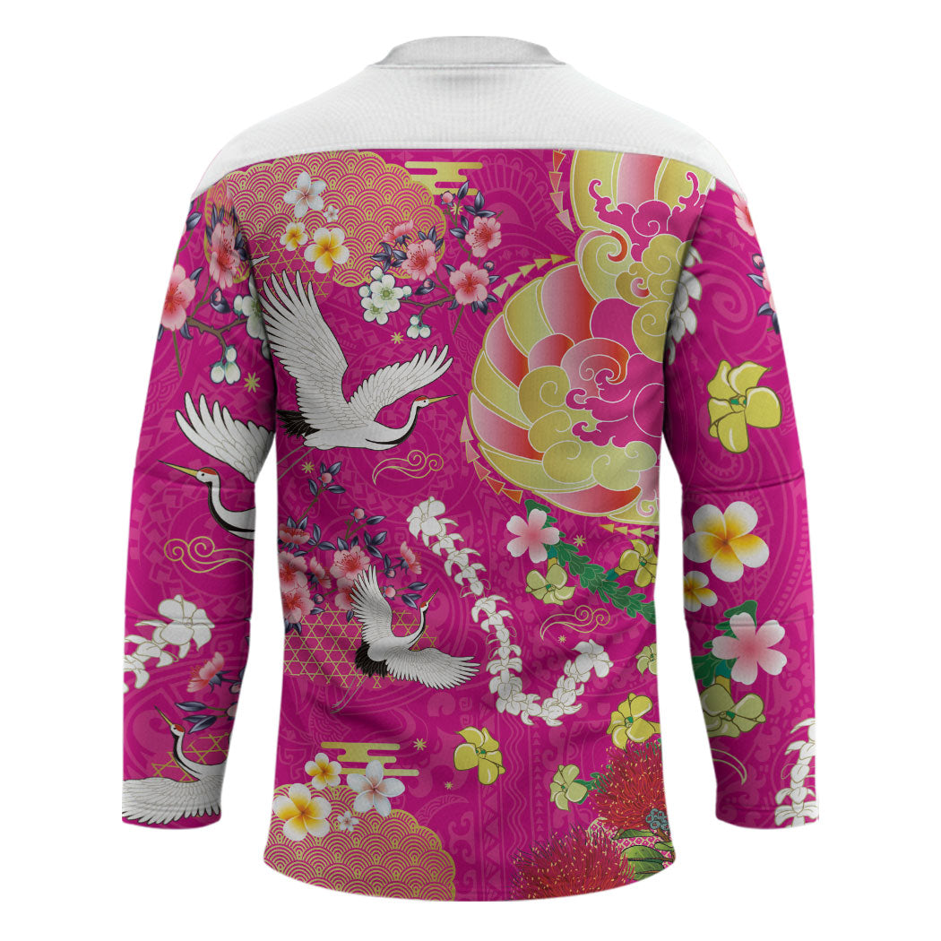 Hawaiian and Japanese Culture Together Hockey Jersey Kakau Tribal Pattern and Irezumi Art Pink Color