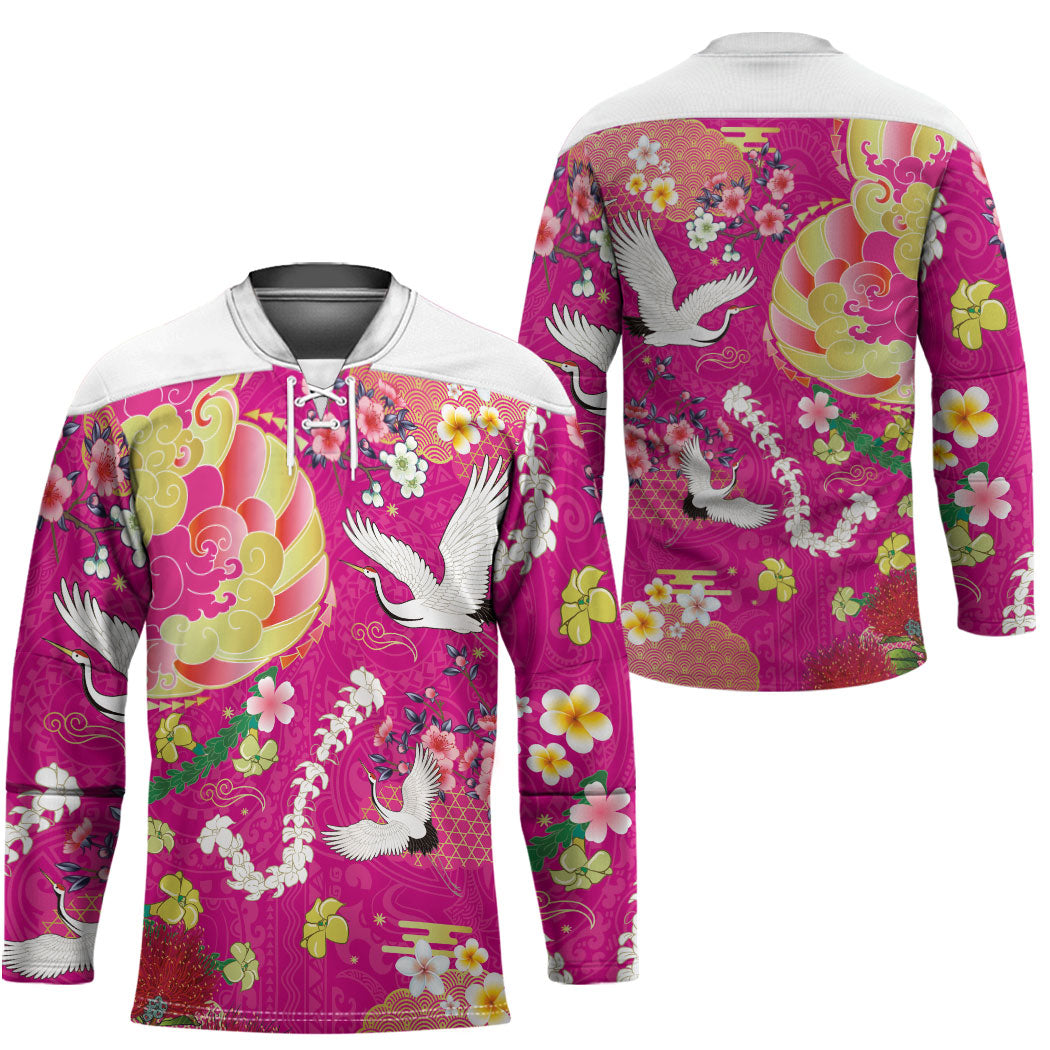 Hawaiian and Japanese Culture Together Hockey Jersey Kakau Tribal Pattern and Irezumi Art Pink Color