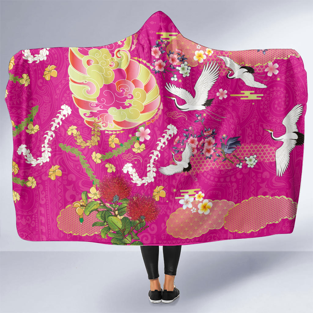Hawaiian and Japanese Culture Together Hooded Blanket Kakau Tribal Pattern and Irezumi Art Pink Color