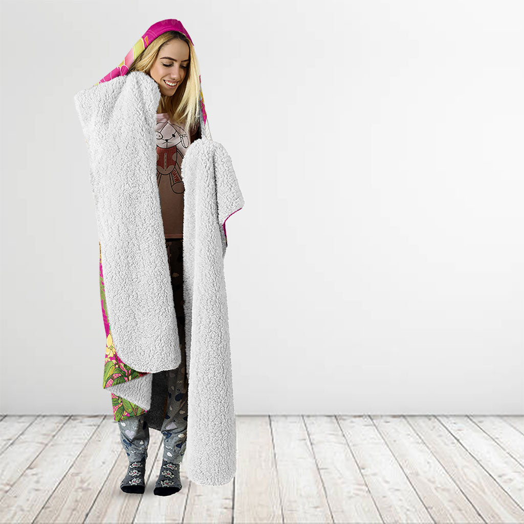 Hawaiian and Japanese Culture Together Hooded Blanket Kakau Tribal Pattern and Irezumi Art Pink Color
