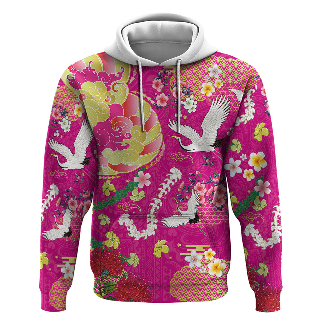 Hawaiian and Japanese Culture Together Hoodie Kakau Tribal Pattern and Irezumi Art Pink Color LT03 Pullover Hoodie Pink - Polynesian Pride