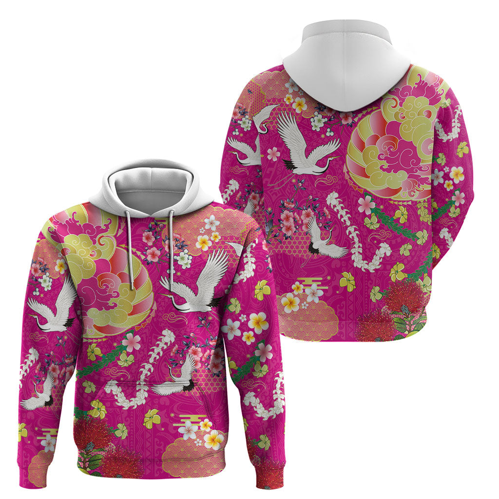 Hawaiian and Japanese Culture Together Hoodie Kakau Tribal Pattern and Irezumi Art Pink Color