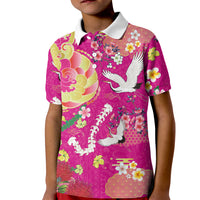 Hawaiian and Japanese Culture Together Kid Polo Shirt Kakau Tribal Pattern and Irezumi Art Pink Color