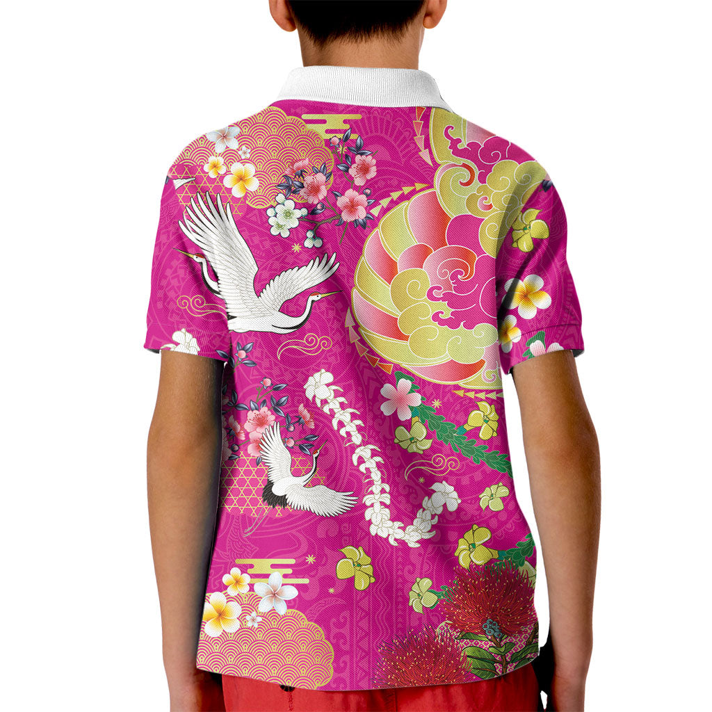 Hawaiian and Japanese Culture Together Kid Polo Shirt Kakau Tribal Pattern and Irezumi Art Pink Color