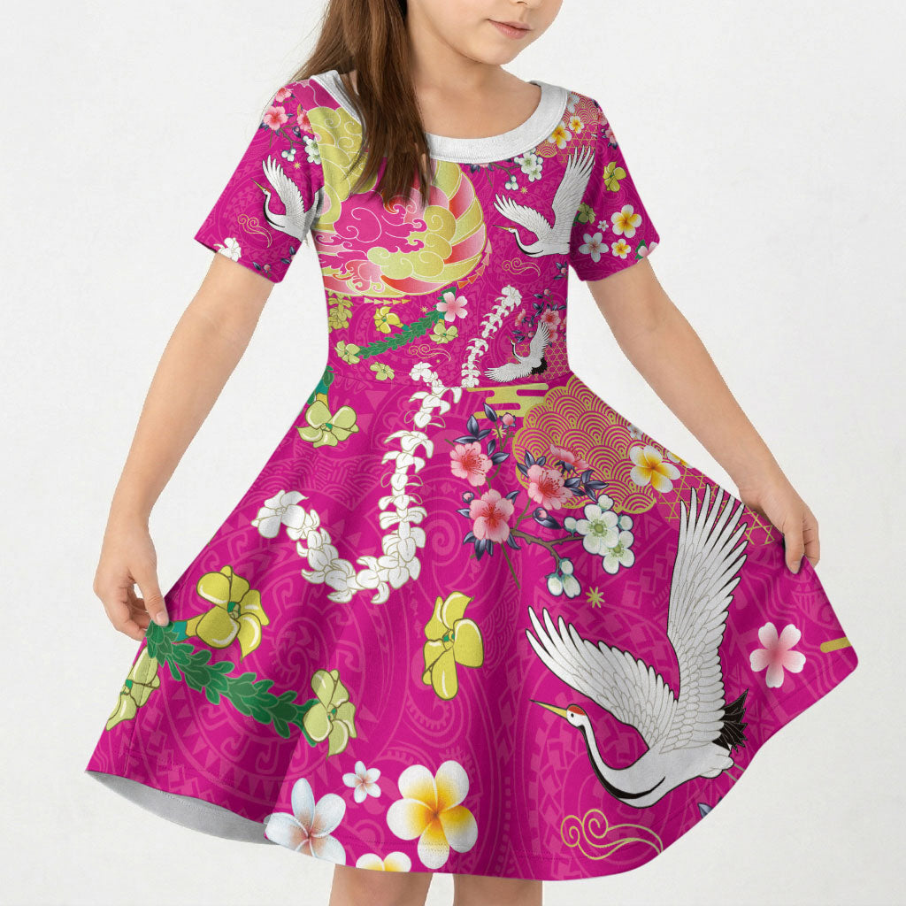 Hawaiian and Japanese Culture Together Kid Short Sleeve Dress Kakau Tribal Pattern and Irezumi Art Pink Color