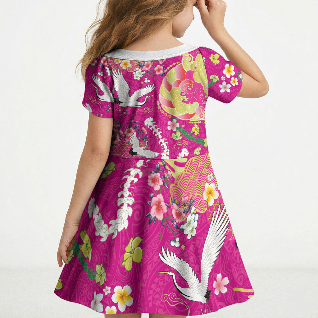 Hawaiian and Japanese Culture Together Kid Short Sleeve Dress Kakau Tribal Pattern and Irezumi Art Pink Color