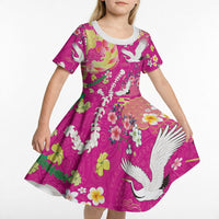 Hawaiian and Japanese Culture Together Kid Short Sleeve Dress Kakau Tribal Pattern and Irezumi Art Pink Color