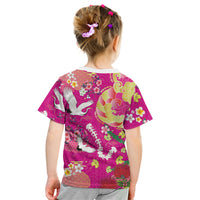 Hawaiian and Japanese Culture Together Kid T Shirt Kakau Tribal Pattern and Irezumi Art Pink Color