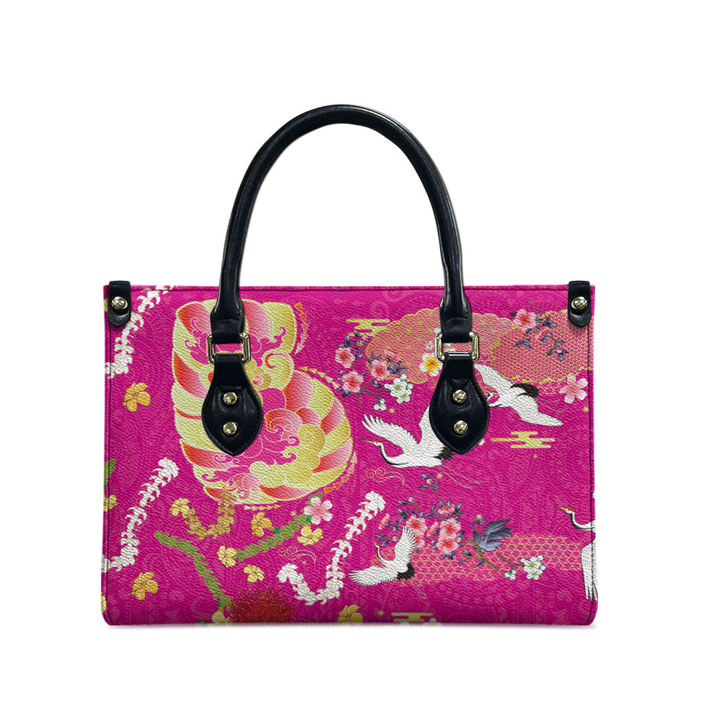 Hawaiian and Japanese Culture Together Leather Bag Kakau Tribal Pattern and Irezumi Art Pink Color