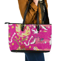Hawaiian and Japanese Culture Together Leather Tote Bag Kakau Tribal Pattern and Irezumi Art Pink Color