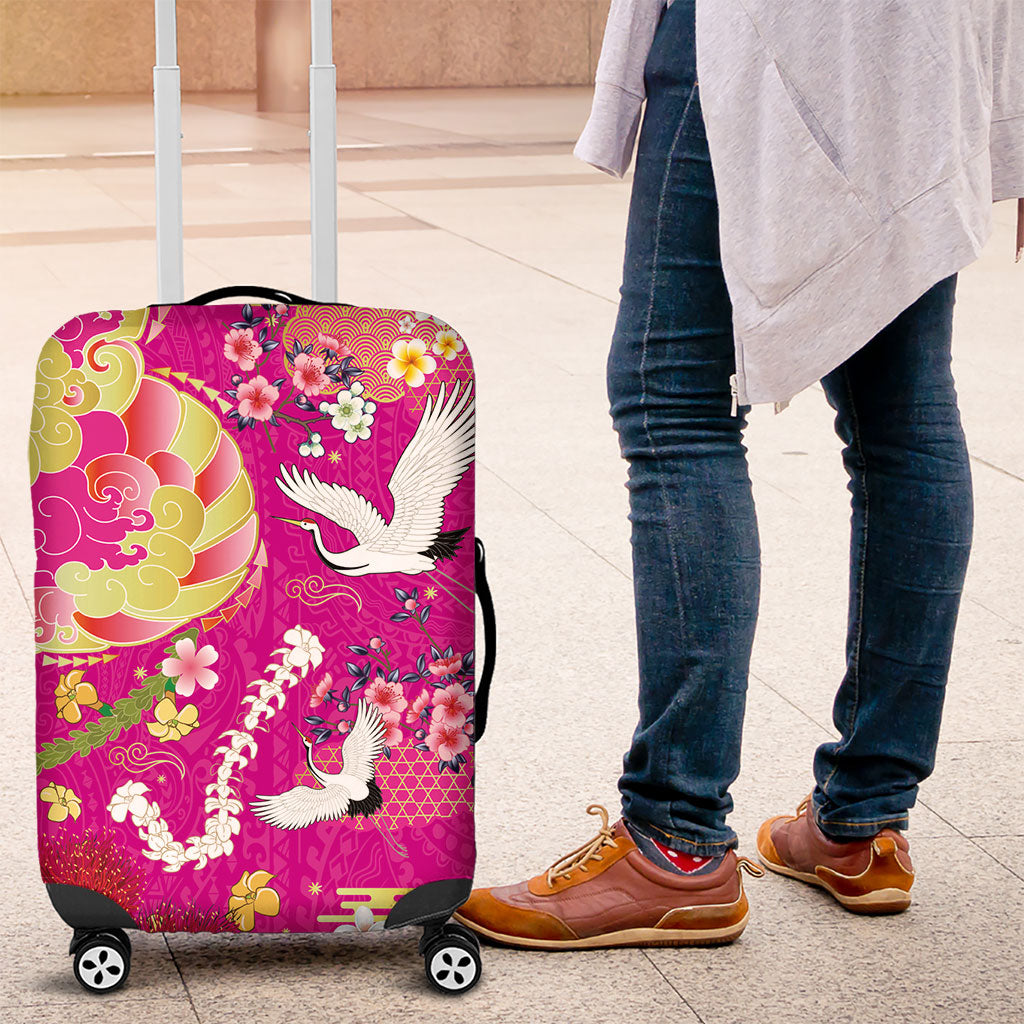 Hawaiian and Japanese Culture Together Luggage Cover Kakau Tribal Pattern and Irezumi Art Pink Color