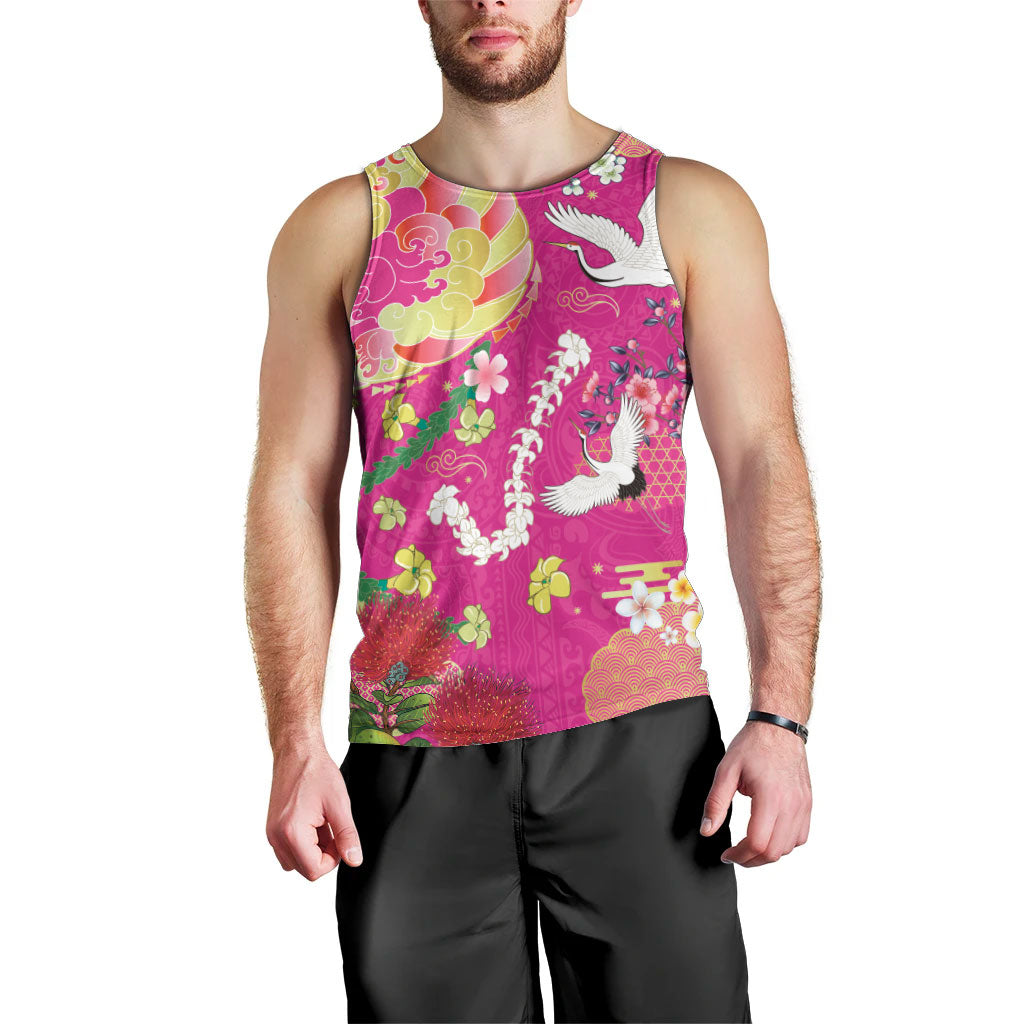 Hawaiian and Japanese Culture Together Men Tank Top Kakau Tribal Pattern and Irezumi Art Pink Color