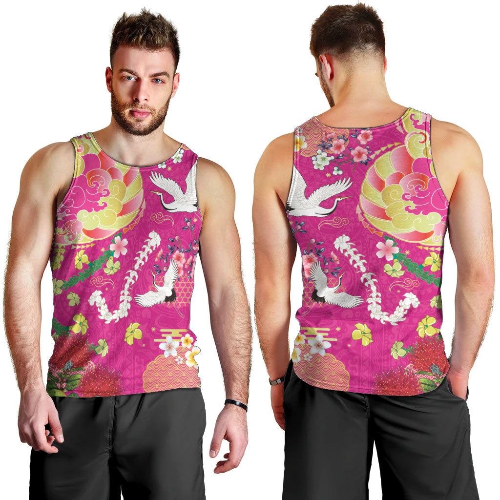 Hawaiian and Japanese Culture Together Men Tank Top Kakau Tribal Pattern and Irezumi Art Pink Color