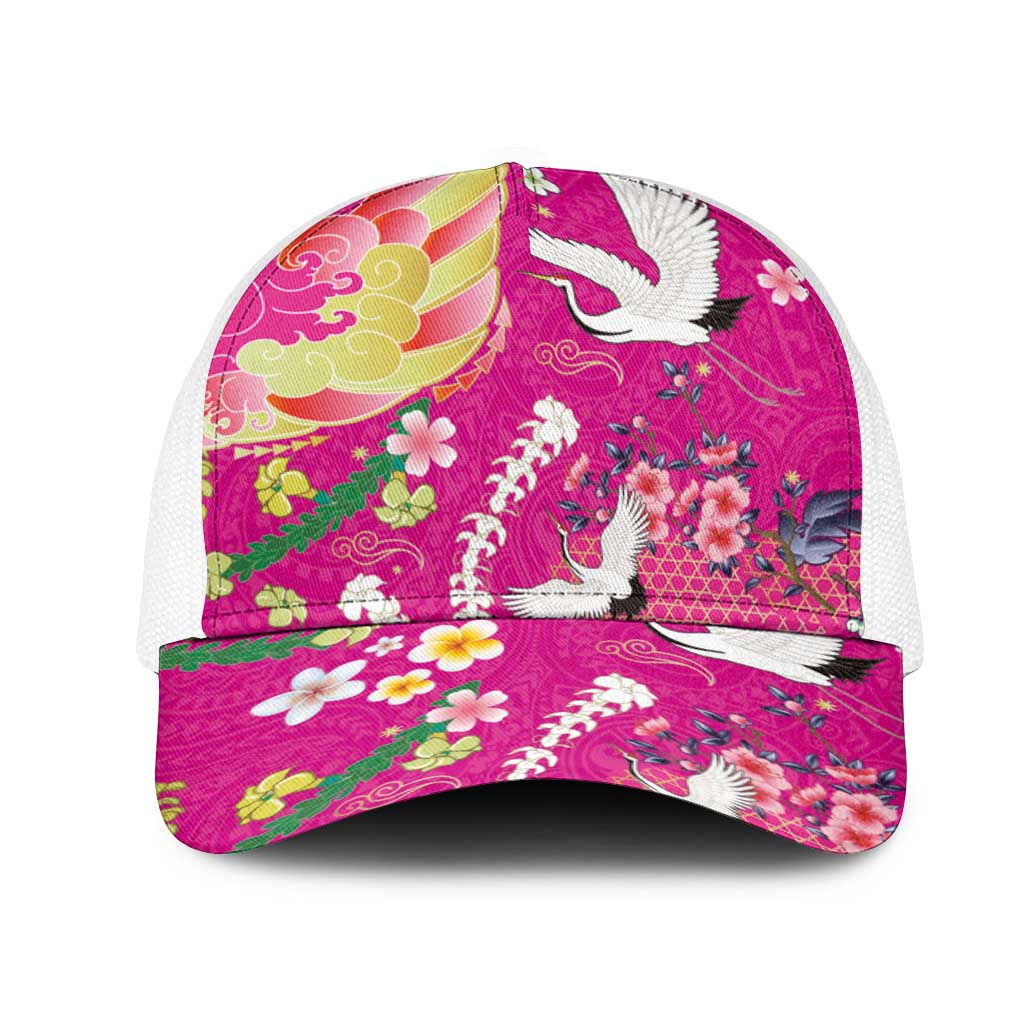 Hawaiian and Japanese Culture Together Mesh Trucker Cap Kakau Tribal Pattern and Irezumi Art Pink Color LT03 One Size White Pink - Polynesian Pride