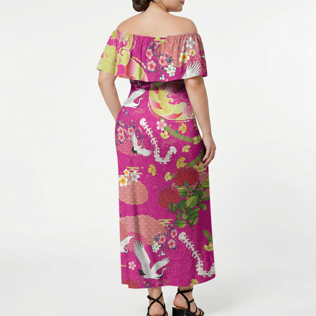 Hawaiian and Japanese Culture Together Off Shoulder Maxi Dress Kakau Tribal Pattern and Irezumi Art Pink Color