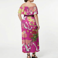Hawaiian and Japanese Culture Together Off Shoulder Maxi Dress Kakau Tribal Pattern and Irezumi Art Pink Color