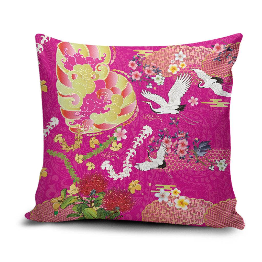 Hawaiian and Japanese Culture Together Pillow Cover Kakau Tribal Pattern and Irezumi Art Pink Color
