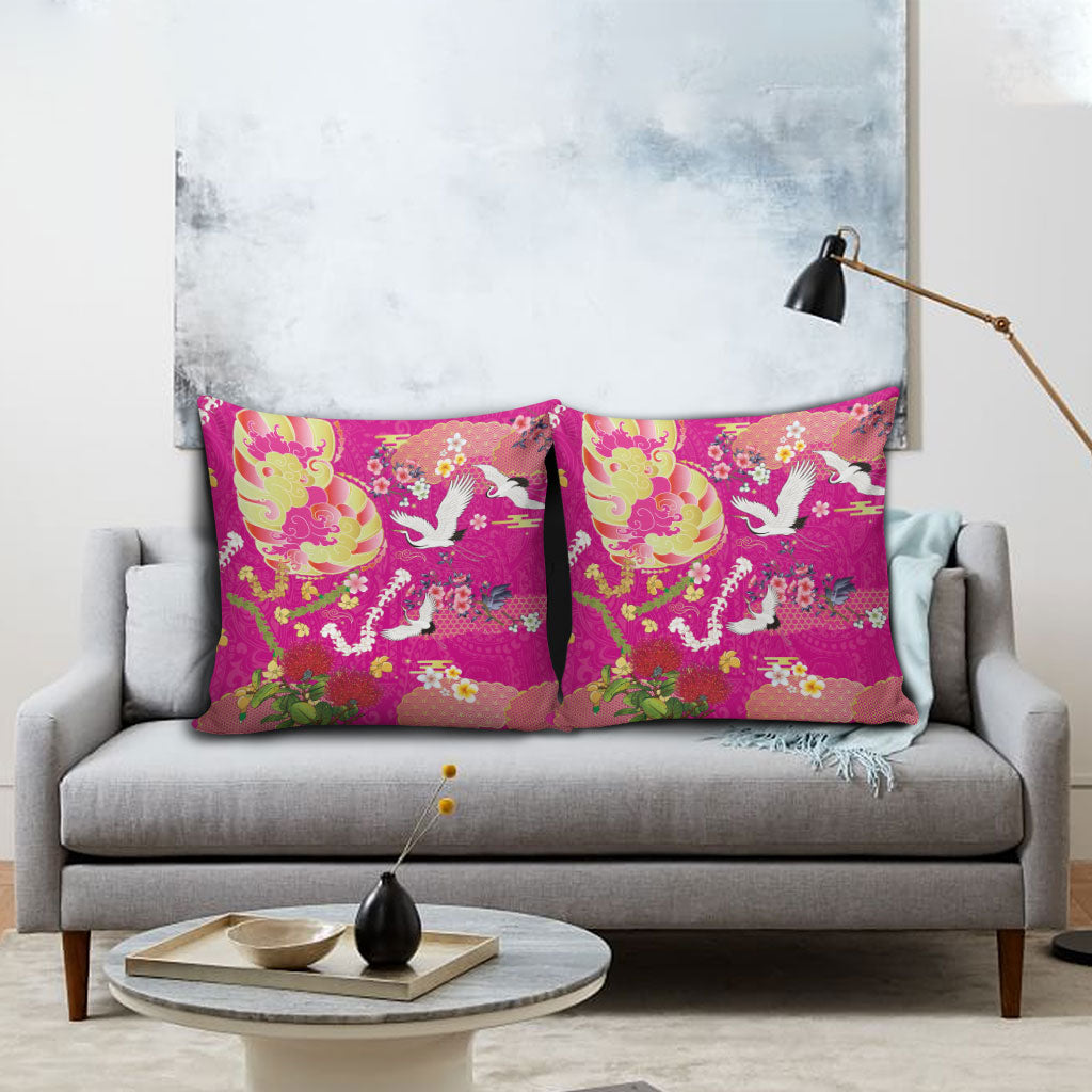 Hawaiian and Japanese Culture Together Pillow Cover Kakau Tribal Pattern and Irezumi Art Pink Color