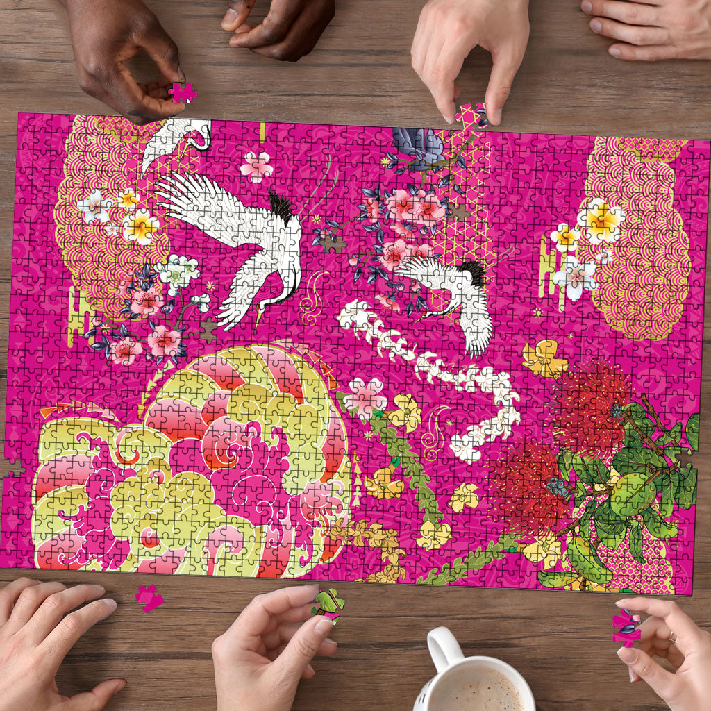 Hawaiian and Japanese Culture Together Puzzle Kakau Tribal Pattern and Irezumi Art Pink Color