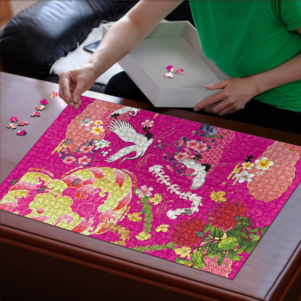 Hawaiian and Japanese Culture Together Puzzle Kakau Tribal Pattern and Irezumi Art Pink Color