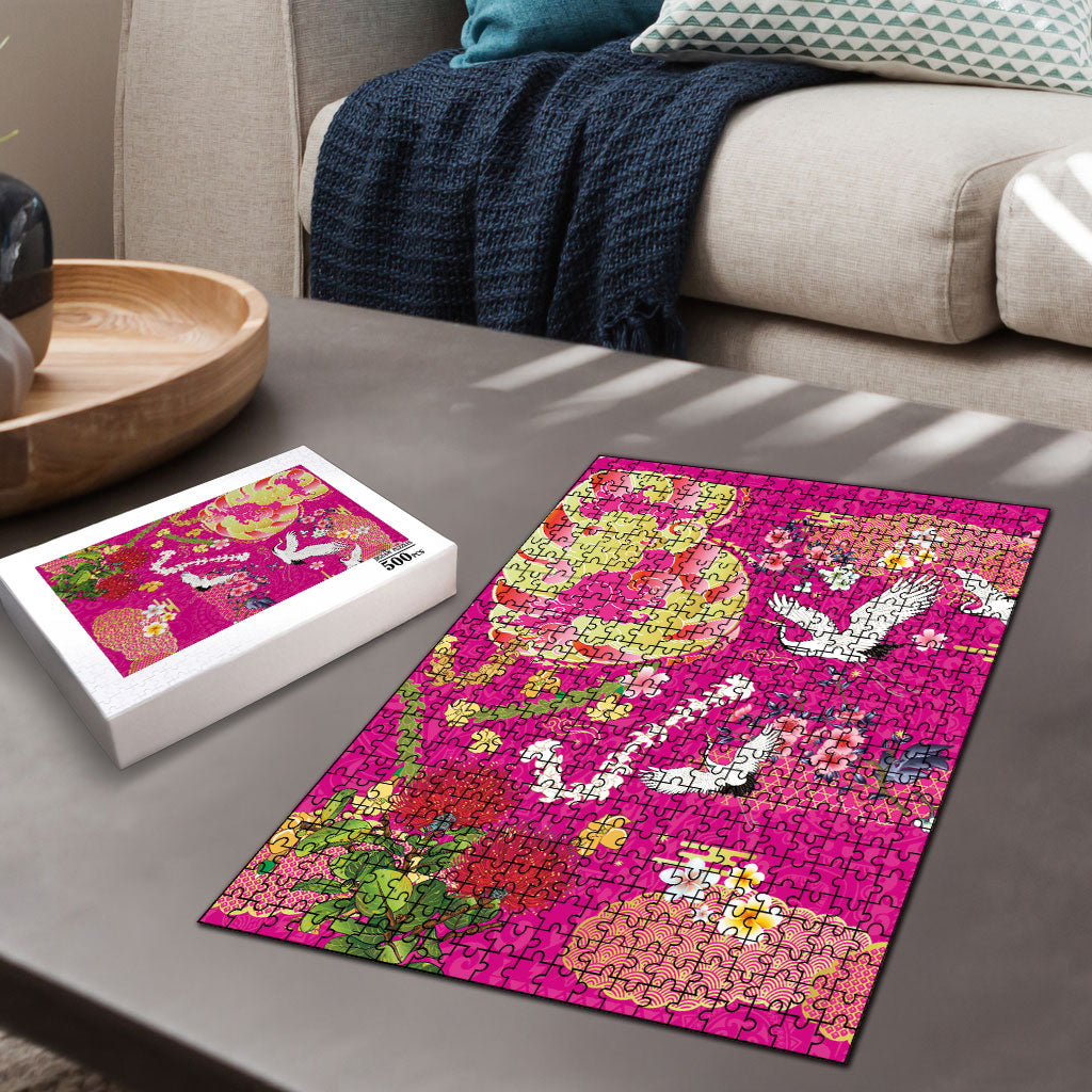 Hawaiian and Japanese Culture Together Puzzle Kakau Tribal Pattern and Irezumi Art Pink Color