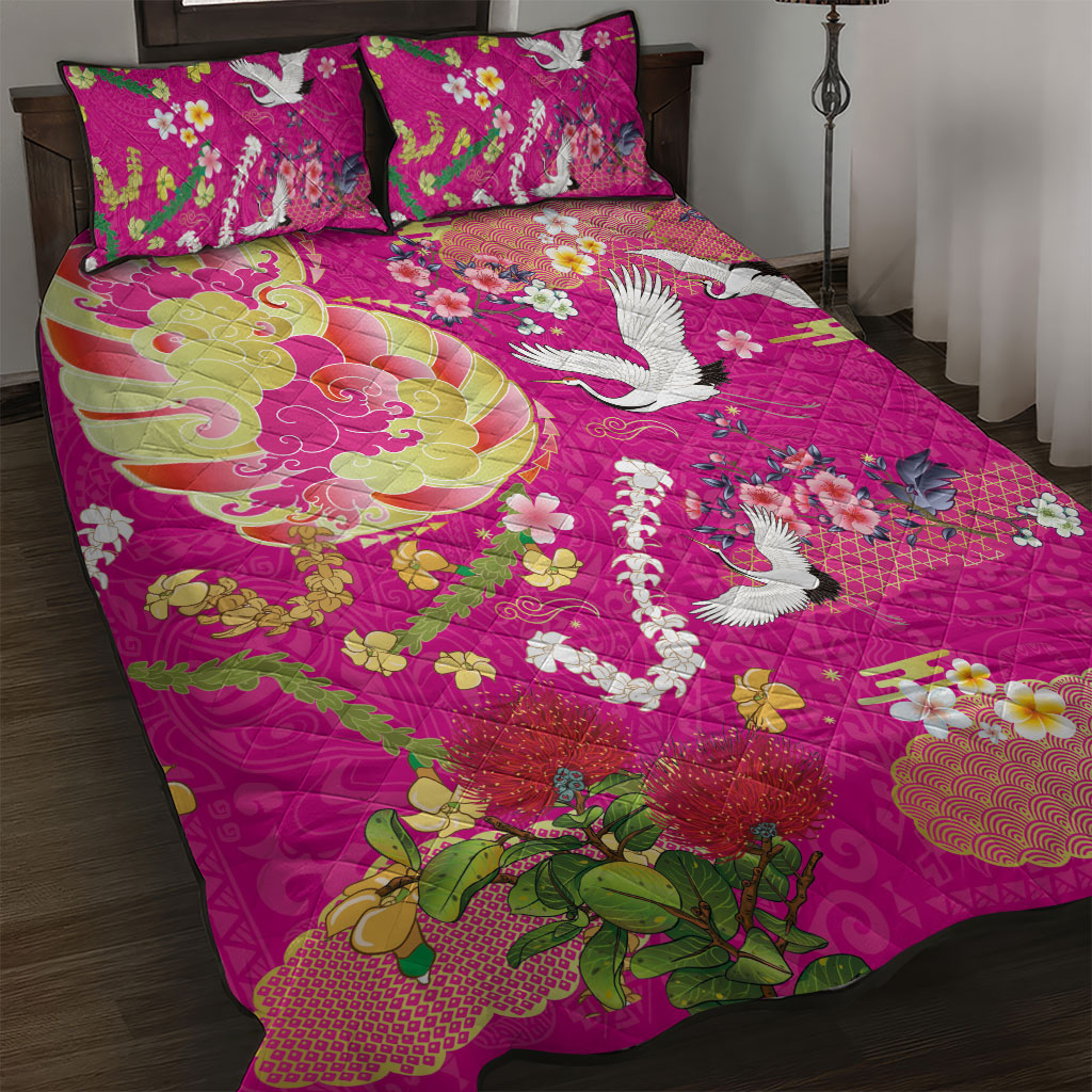 Hawaiian and Japanese Culture Together Quilt Bed Set Kakau Tribal Pattern and Irezumi Art Pink Color