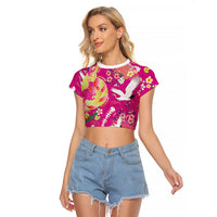 Hawaiian and Japanese Culture Together Raglan Cropped T Shirt Kakau Tribal Pattern and Irezumi Art Pink Color