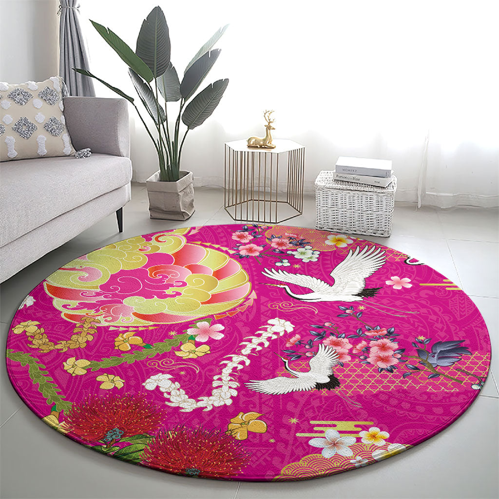 Hawaiian and Japanese Culture Together Round Carpet Kakau Tribal Pattern and Irezumi Art Pink Color