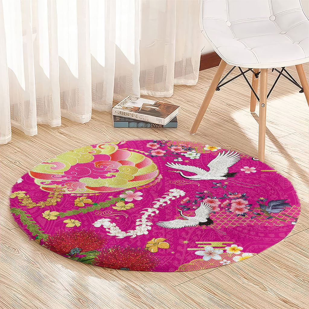 Hawaiian and Japanese Culture Together Round Carpet Kakau Tribal Pattern and Irezumi Art Pink Color