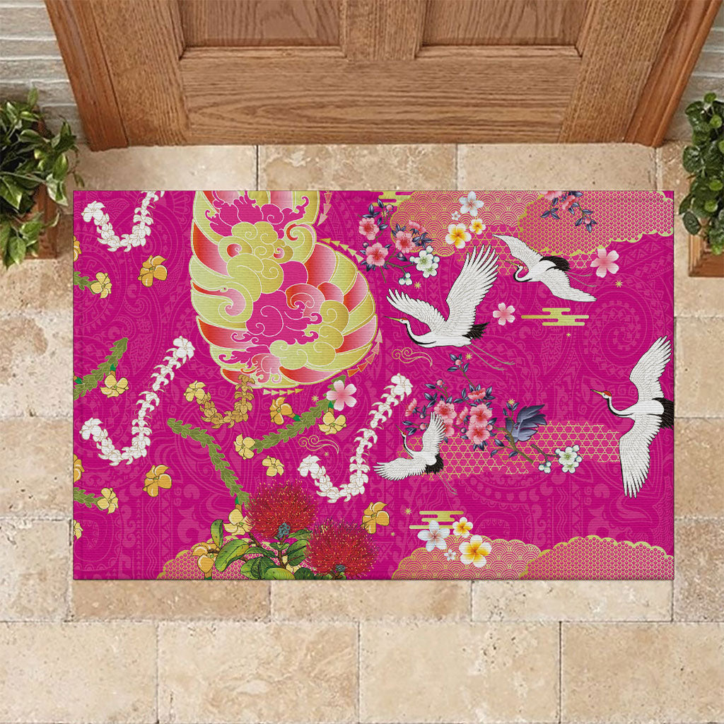 Hawaiian and Japanese Culture Together Rubber Doormat Kakau Tribal Pattern and Irezumi Art Pink Color