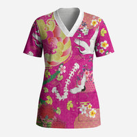 Hawaiian and Japanese Culture Together Scrub Top Kakau Tribal Pattern and Irezumi Art Pink Color