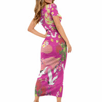 Hawaiian and Japanese Culture Together Short Sleeve Bodycon Dress Kakau Tribal Pattern and Irezumi Art Pink Color
