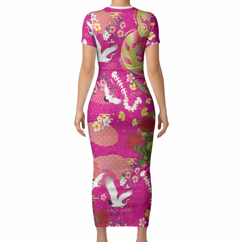 Hawaiian and Japanese Culture Together Short Sleeve Bodycon Dress Kakau Tribal Pattern and Irezumi Art Pink Color