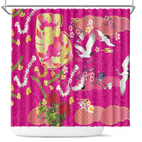 Hawaiian and Japanese Culture Together Shower Curtain Kakau Tribal Pattern and Irezumi Art Pink Color