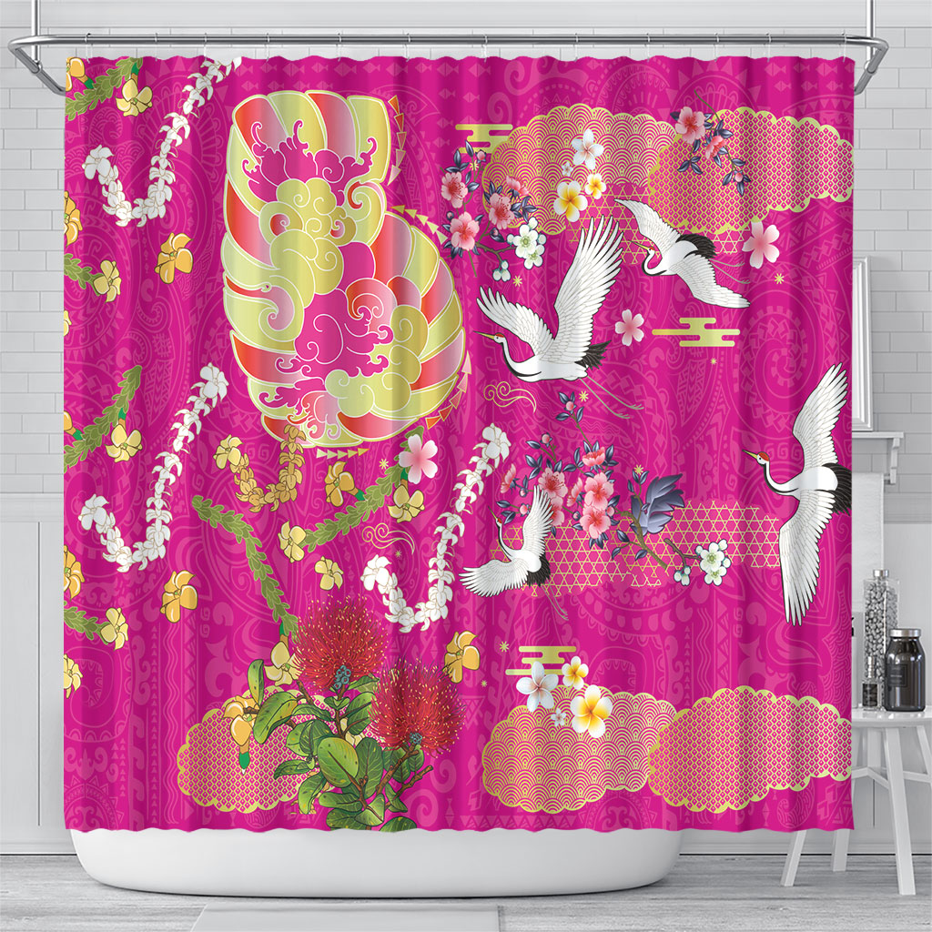 Hawaiian and Japanese Culture Together Shower Curtain Kakau Tribal Pattern and Irezumi Art Pink Color