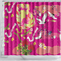 Hawaiian and Japanese Culture Together Shower Curtain Kakau Tribal Pattern and Irezumi Art Pink Color
