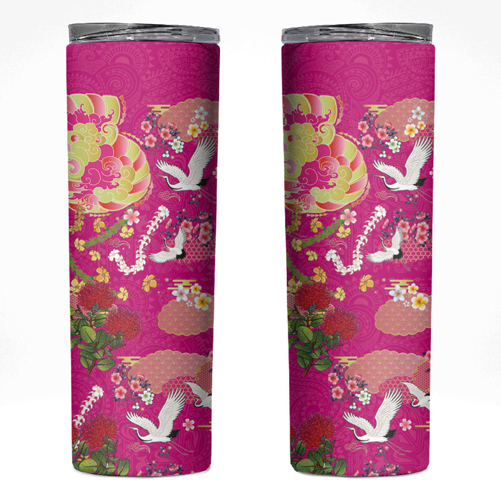Hawaiian and Japanese Culture Together Skinny Tumbler Kakau Tribal Pattern and Irezumi Art Pink Color