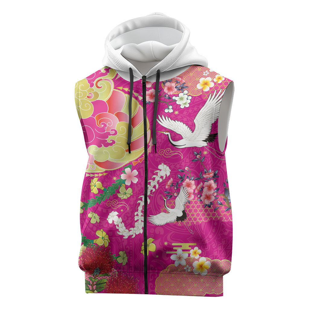 Hawaiian and Japanese Culture Together Sleeveless Zip Hoodie Kakau Tribal Pattern and Irezumi Art Pink Color