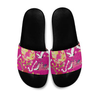 Hawaiian and Japanese Culture Together Slide Sandals Kakau Tribal Pattern and Irezumi Art Pink Color