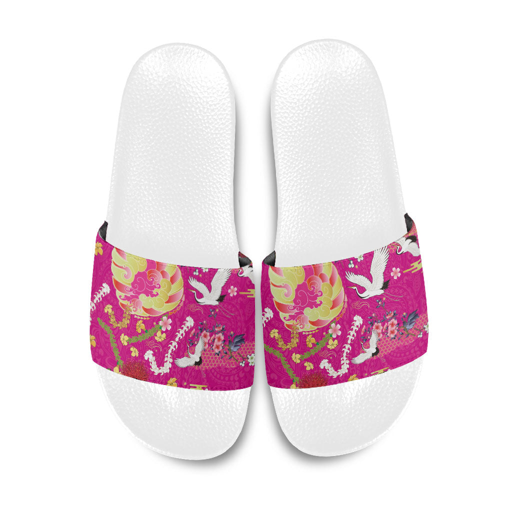 Hawaiian and Japanese Culture Together Slide Sandals Kakau Tribal Pattern and Irezumi Art Pink Color