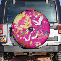 Hawaiian and Japanese Culture Together Spare Tire Cover Kakau Tribal Pattern and Irezumi Art Pink Color