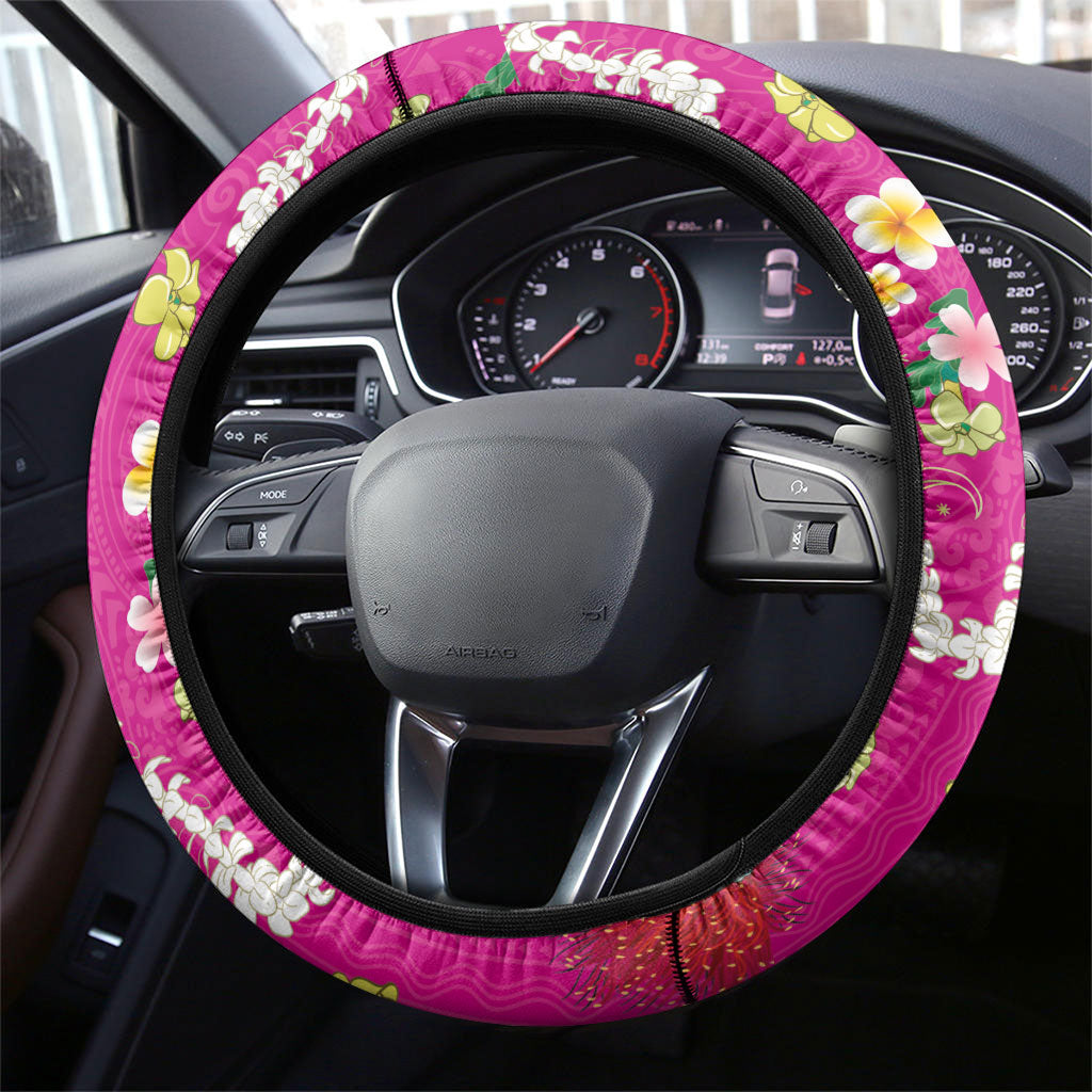 Hawaiian and Japanese Culture Together Steering Wheel Cover Kakau Tribal Pattern and Irezumi Art Pink Color